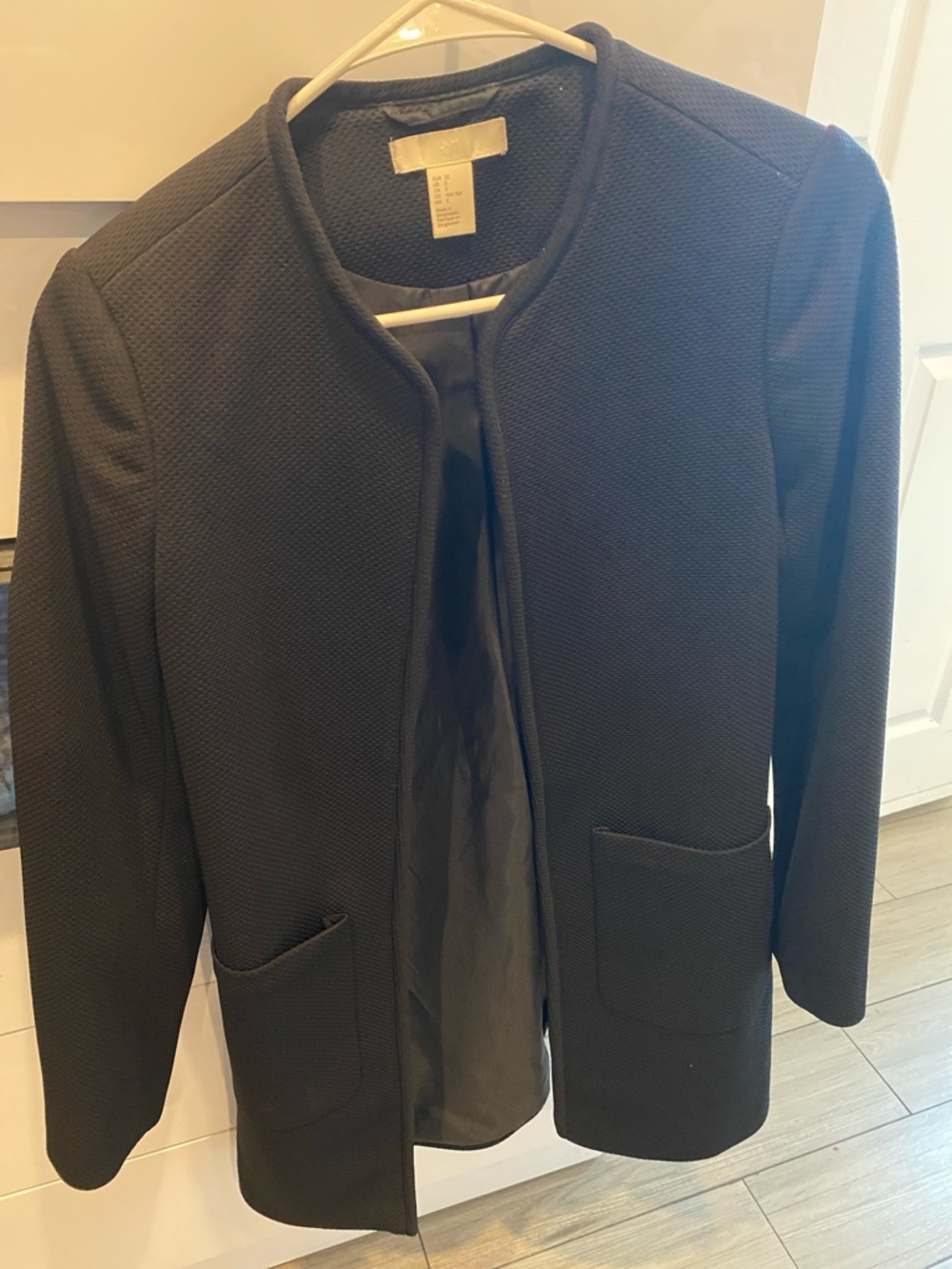 H&M Black Textured Collarless Open-Front Blazer Jacket